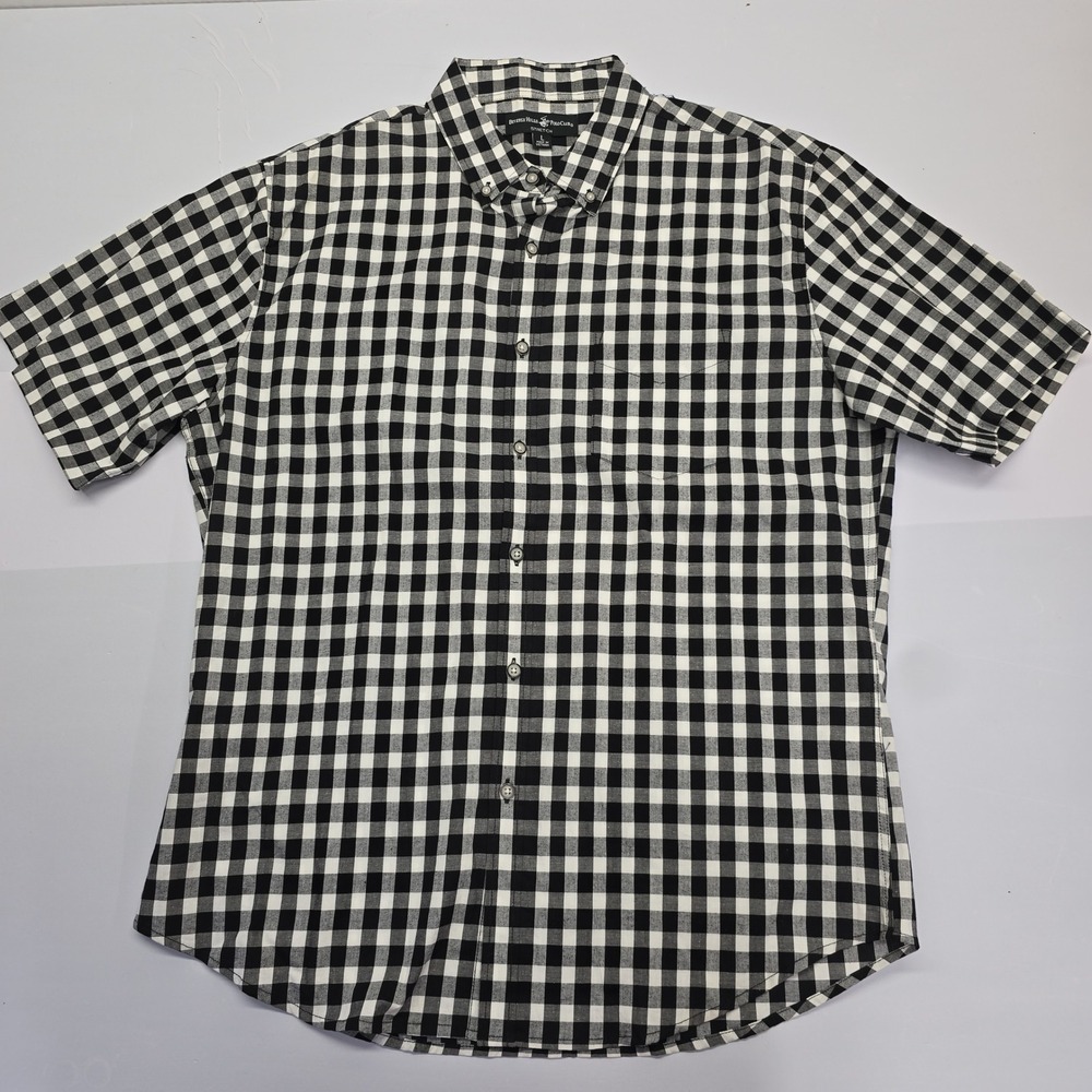Beverly Hills Polo Club Mens Large Black White Gingham Short Sleeve Button Shirt